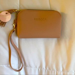 Blush colored wristlet personalized name Rebecca in gold print NWT tassle chain